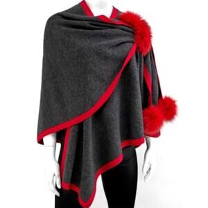 Mitchie's Charcoal 100% Wool Wrap Red Fox Fur Poms Trim Women Poncho Shawl